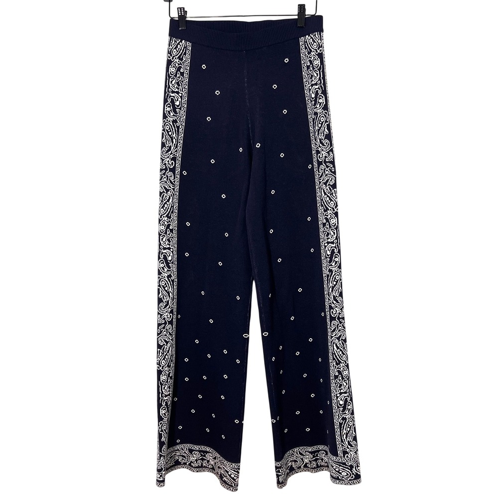 STAUD Intarsia Knit Pants Size S Blue Bandana Paisley Stretch Wide Leg Bohemian - Picture 2 of 8